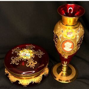 Bohemian Czech Ruby Glass Vanity Set Vase & Jar
